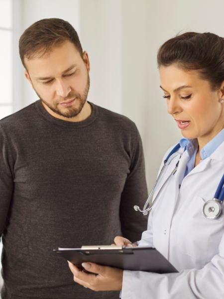 A doctor explains to a man why he needs medically supervised mental health treatment